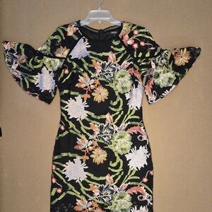 Badgley Mishka Size 8 Floral Black Dress with Multicolor Embroidery